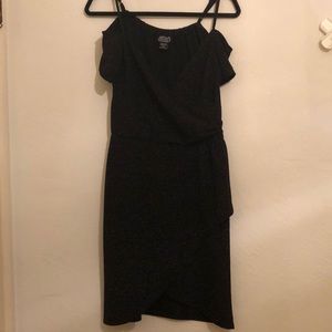 Angie Faux Wrap V Neck Off Shoulder Sparkle Dress